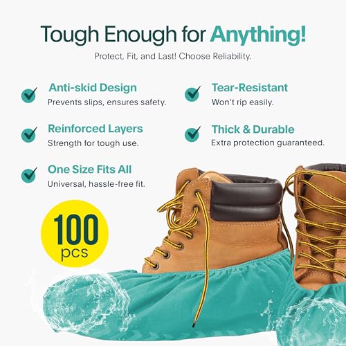 Image of Premium Boot & Shoe Covers Disposable Booties - 100 Pack - Durable, Non-Slip, Non-Toxic, Water Resistant, Recyclable Protectors for Indoor & Outdoor - Large Size Fits Most Shoes