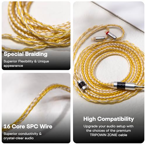 Image of Linsoul Tripowin Zonie 16 Core Silver Plated Cable SPC Earphone Cable for TIN Audio T2 T3 UE900s SE215 SE425 BGVP Earphones (MMCX-3.5mm, Gold)