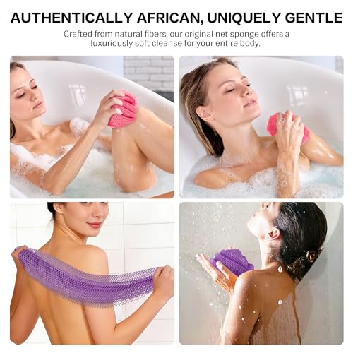 Image of UJFQBH African Net Sponge Authentic 2-Pieces Exfoliating Body Scrubber for Shower & Bath, Deep Cleansing Lather for Dead Skin Removal, Back Scrubber for Women & Men (Pink 、Purple