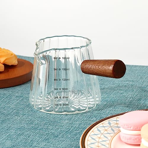 Image of Joeyan 6 oz Glass Measuring Cups with Spout,Borosilicate Glass Triple Pitcher with Scale,Origami Style Espresso Shot Glasses with Wood Handle for Coffee Milk,Dishwasher Safe