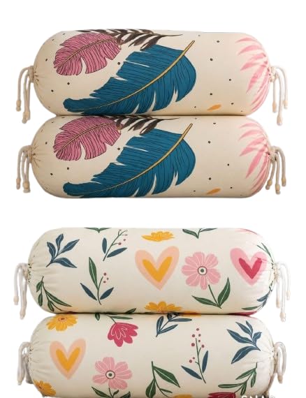 Glace Cotton Bolster Covers Set Printed Cylindrical Pillow Covers for Bed, Sofa Diwan Long Round Cushion Covers Home Furnishing (Set of 4) (Cream Heart & Feather (B) 4 pcs)-picture-19
