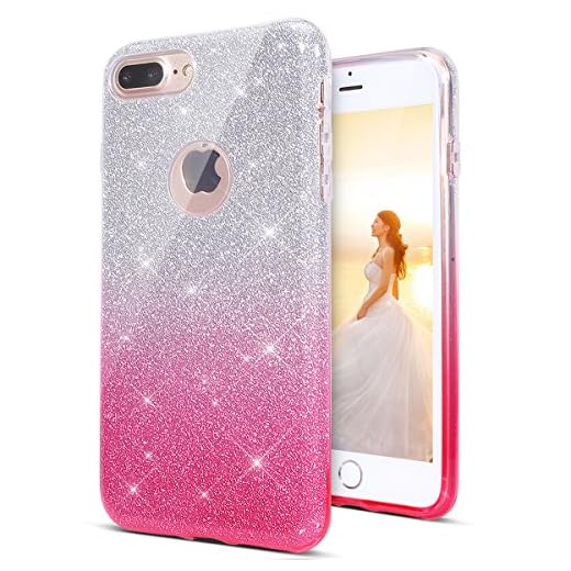 Gradient KunyFond Coque Silicone Paillette TPU Etui Housse Anges Motif Strass Brillante Glitter Diamant Fille Étui Hybrid Souple Mince Protection Bumper Case Cover Compatible iPhone 7 Plus/8 Plus-Rose