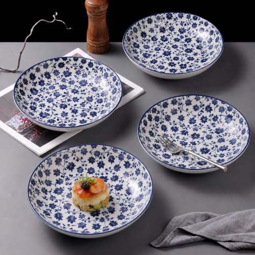Image of Ceramic Pasta Plate, 20.4 cm Porcelain Dinner Plates, Microwave & Dishwasher Safe, Food Grade Ceramic, Deep Serving Plate for Pasta, Salad, Soup, Curry & Noodles (Blue Floral Vine Pattern, PACK OF 4)