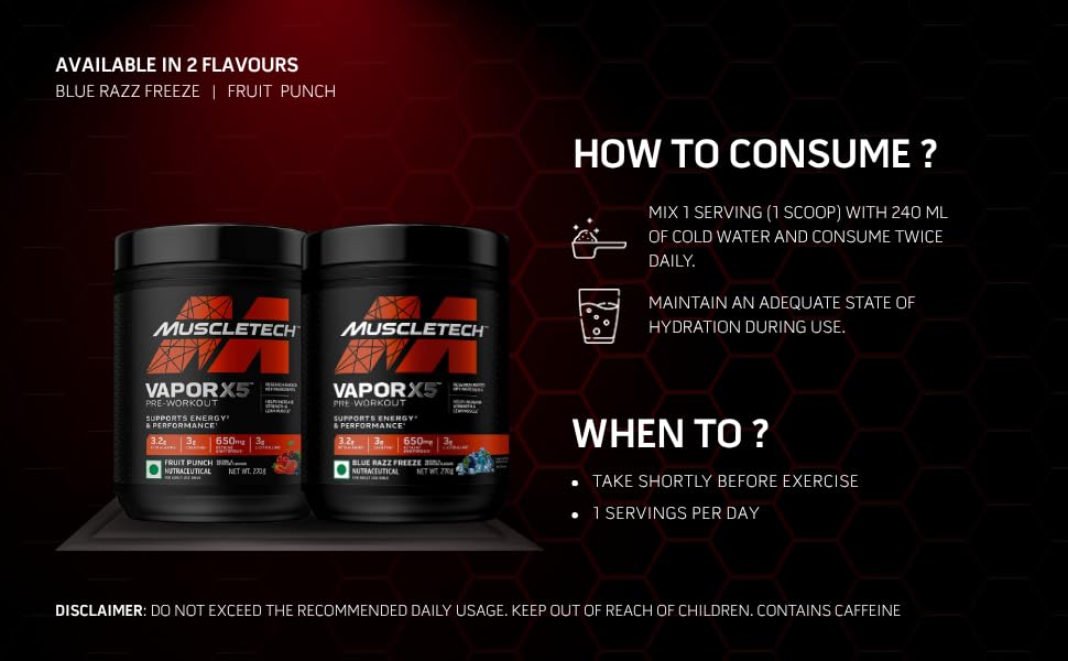 Image of MuscleTech Vapor X5 Pre Workout Powder Support Energy and Performance with Creatine Monohydrate, Beta Alanine, L-Citrulline & Caffeine - Fruit Punch Blast, 30 Servings, 270g