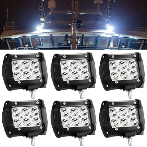 Tujoe 6 Pcs Pontoon Boat Docking Light 4 Inch 18W Spot LED Pods Fog Lights Boat Headlights Deck Light Marine Spreader Light for Kayak, Bass, Pontoon Sailboat, Stern, Navigation Lights, White