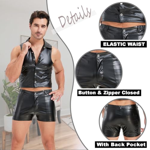 DTODWW Men's PU Leather Shorts Elastic Waist Sexy Shorts Rave Hot Short Pants with Pockets Casual Streetwear Clubwear4