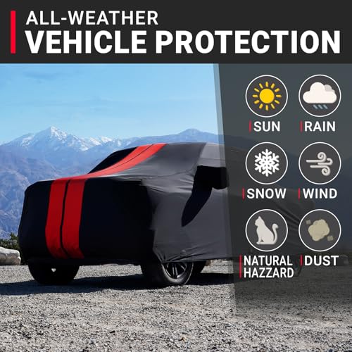 Image of iCarCover Premium Truck Cover for 2017-2026 Ford F-250, F-350 Super Duty, Super Cab, 6.8 ft. Regular Bed w /Trailer Mirror Pocket Heavy Duty Custom Fit Exterior Protection Covers (Stripe - Black /Red)