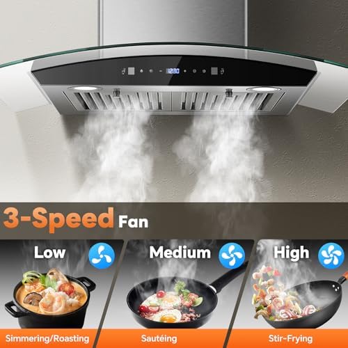 Range Hood 30 Inch, Tieasy Wall Mount Kitchen Hood with Ducted/Ductless Convertible Duct, Stainless Steel Chimney and Baffle Filters, Touch Control Fan Timer, LED Lights, 3 Speed Fan - 3