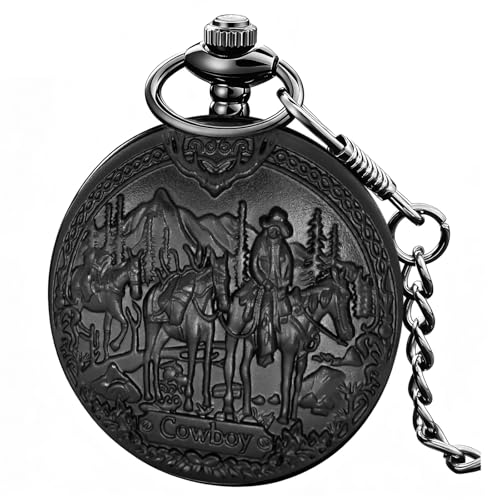 Image of Tiong Vintage Pocket Watch Engraved Cowboy Skull Wolf 3D Pattern Arabic Numerals Quartz Pocket Watch with Chain Best Gifts