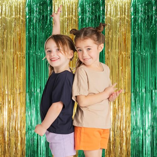 Image of Voircoloria 2 Pack Green and Gold Foil Fringe Backdrop Curtains, Tinsel Streamers Party Decorations, Fringe Backdrop, Door Shimmer for Graduation or Birthday Party