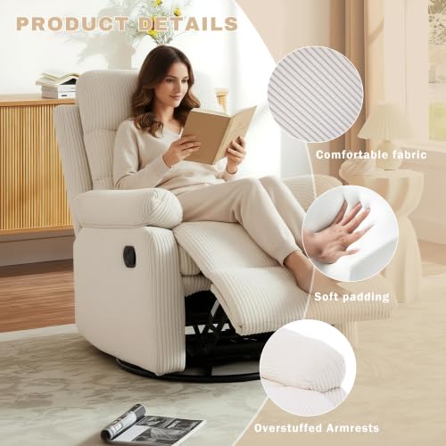 Image of Rocking Recliner Chair,Modern Swivel Glider Recliner Chair,Corduroy Fabric Upholstery Recliner,Manual Reclining Sofa Chair for Living Room,Office,Apartment (Beige)
