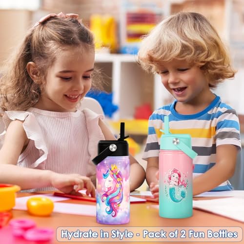 Image of SANDJEST Kid Water Bottle 12oz with Straw Lid - 2-Pack Insulated Stainless Steel Water Bottles for Kids Girls - Travel Cup for Back to School Sports Christmas Birthday (Unicorn & Mermaid)