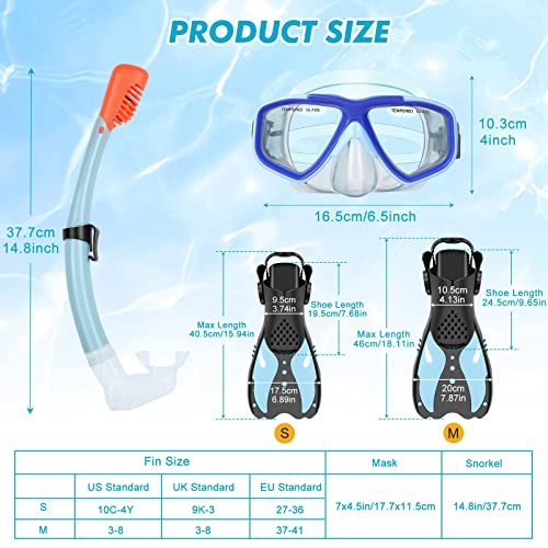 KUYOU Youth Snorkel Set for Ages 7-16, Snorkeling Gear for Kids with Panoramic View Diving Mask Anti-Fog Anti-Leak, Full Dry Top Snorkel, Fins and Travel Bag for Swimming, Snorkeling (Sea Sky Blue)