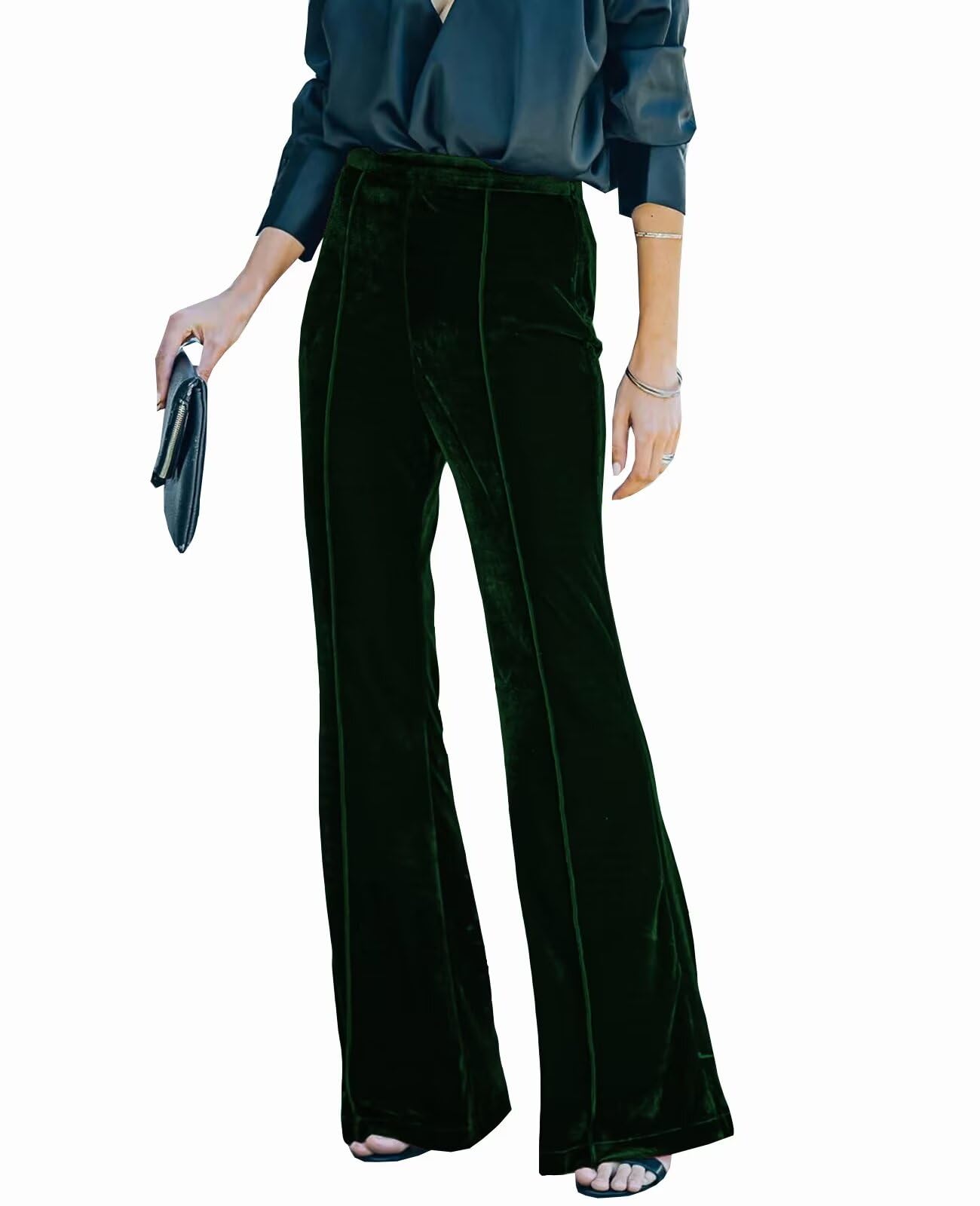 Women Velvet Flare Pants Elastic High Waist Side Zipper Bell Bottom Trousers