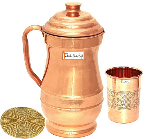 Prisha India Craft Pure Copper Maharaja Jug 1900 ML with 1 Copper Glass Tumbler Drinkware Set