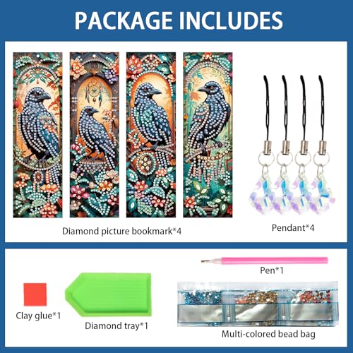 Image of 4-Piece Diamond Painting Bookmarks Set for Adults - DIY 5D Rhinestone Art Bookmarks with Tassels, Crow Design Diamond Art Bookmarks for Crafts and Gifts, Ideal Gift for Book Lovers