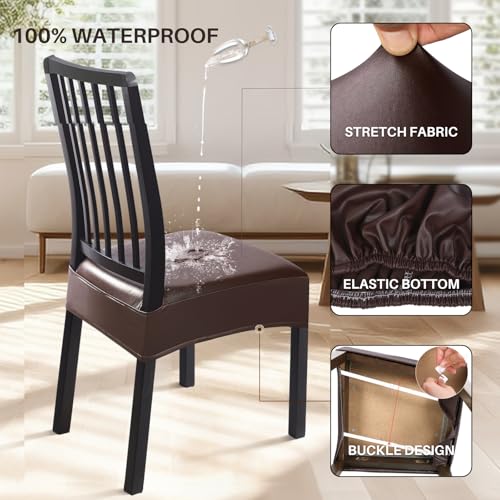 Image of SearchI Waterproof PU Dining Chair Seat Covers Set of 6, Soft Removable Washable Seat Covers for Dining Chairs, Dining Room Seat Cover Slipcover Protector (Rear-Covered, PU Brown)