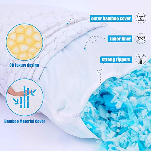Cooling Bed Pillows For Sleeping 2 Pack Shredded Memory Foam Pillows Adjustable Cool Bamboo Pillow For Side Back Stomach Sleepers - Luxury Gel Pillows Queen Size Set Of 2 With Washable Removable Cover #TOP2