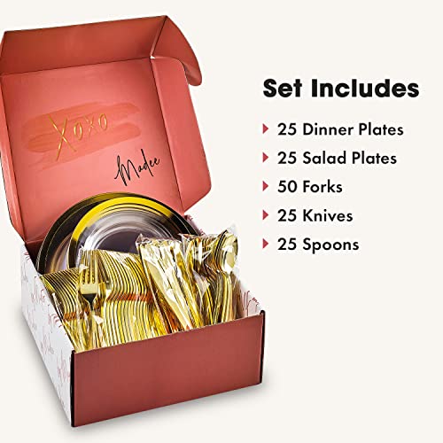 By Madee: Clear Plates With Gold Trim | Disposable Dinner, Salad Plates & Silverware | Gold Plastic Plates For Party | Gift Of 3D Butterflies | Heavyweight #TOP4