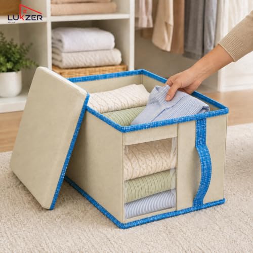 Image of Lukzer 4 PCs Wardrobe Organizer for Storage - 20L Non-Woven Foldable Cloth Organizer /Storage Box with Lid & Handle | Stackable Space-Saving Multipurpose Organizers for Home & Office Use - Beige /Blue