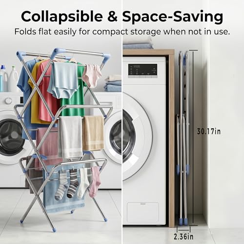 Image of Foldable Stainless Steel Clothes Drying Stand | Heavy Duty Steel Dryer Rack, Compact & Extra Large Floor Stand for Balcony, Indoor, Outdoor, Laundry Room, Home Use