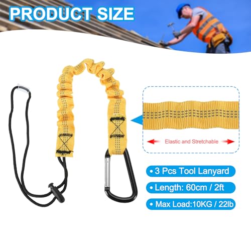 Image of MECCANIXITY Retractable Tool Lanyard 2ft with Single Aluminum Buckle and Adjustable Loop End, Maximum Weight Limit 10KG / 22lb, Safety Fall Protection Tools Leash, Yellow 3 Pack