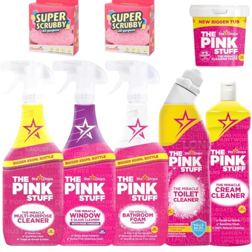 The Pink Stuff – Kit Limpieza Completo de 6 produstos, Pasta Milagrosa 850g, Spray Multiusos 850ml, limpiador Baño 850 ml, Limpiacristales 850ml, Limpiador WC 750 ml, Crema 500ml + 2 Estropajos