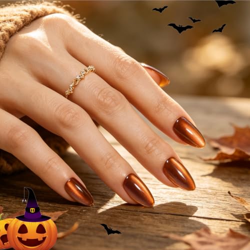 Image of Beetles Cat Eye Press On Nails Short Almond, 32PCS, Pumpkin Spice Halloween | 16 Sizes False Nails, Salon-Quality for Women, 10-Minute Easy Daily Application, All-in-One Complete Kit