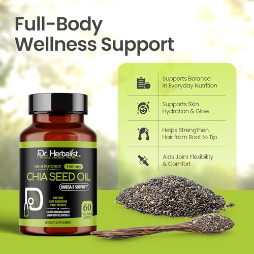 Image of Dr. HERBALIST Chia Seed Oil 1600mg Softgels - Plant-Based Superfood Supplement with Omega 3 Fatty Acids, Antioxidants & Natural Nutrients - 60 Capsules for Men & Women