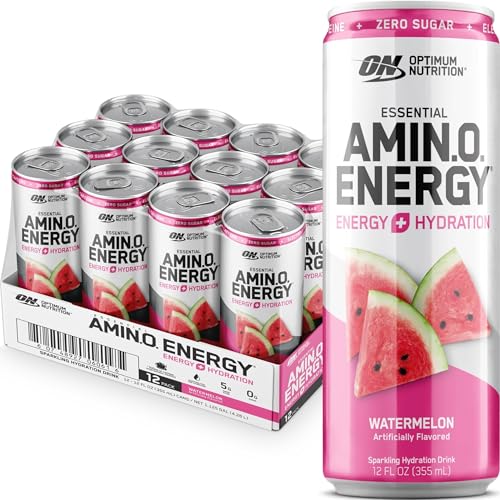 Image of Optimum Nutrition Amino Energy Sparkling Hydration Drink, Electrolytes, Caffeine, Amino Acids, BCAAs, Sugar Free, Watermelon, 12 Fl Oz, 12 Pack (Packaging May Vary)