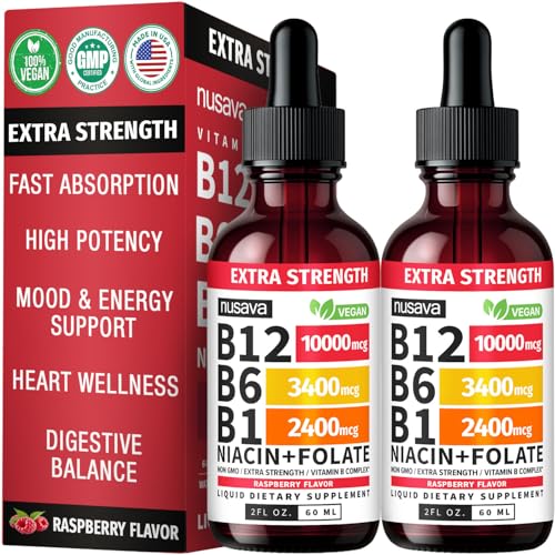 (2 Pack) Extra Strength Liquid Vitamin B12 Sublingual Vitamin B Complex - B12 Drops 10000mcg - Methylcobalamin for Energy Brain and Heart Support Raspberry Flavor Non GMO 2 Fl Oz (80 Servings)