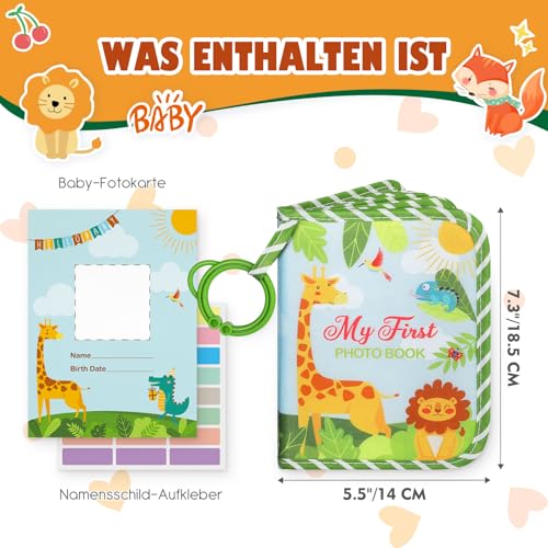 Lanpn Baby Fotoalbum 17 10x15 Fotos, Babyalbum mit Beißring und Anhänger Fotobuch zum Stoff, Einsteckalbum Erinnerungsbuch zum Gesichter Namen merken Geschenke für Kinder Jungen Geburtstag (Tier)