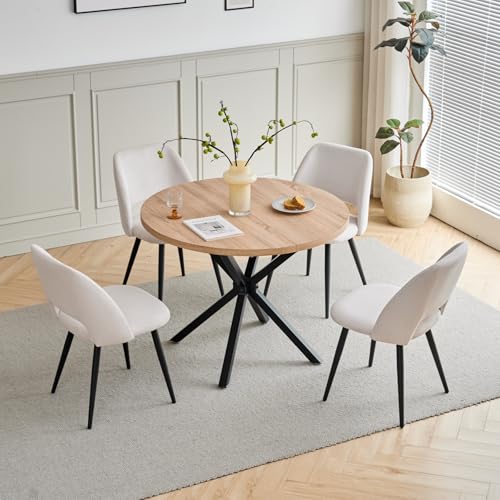 JZGORC Juego de Mesa y Sillas de Comedor, Mesa de Comedor Redonda de MDF de 100 CM, 4 Sillas de Cocina Tapizadas de Pana,para Comedor, Sala de Estar, Cocina (Claro Color + Caqui)
