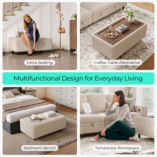 Image of LINSY HOME Storage Ottoman Bench, 40 inch Convertible Coffee Table Plush Corduroy Foot Rest Ottoman for Living Room, Bedroom, Guest Room, Entryway, Beige