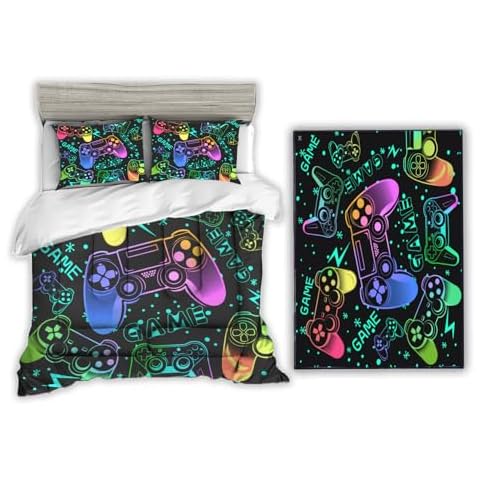 Sunnycitron Colorful Gamepad Twin Size Comforter Set 3 Piece- Includes 1 Comforter and 2 Pillowcase and Boy Area Rug 59"x39" Cover