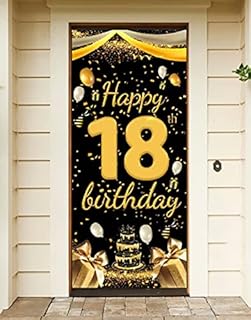 18th Birthday Decorations, 72 x 35 Inches 18th Birthday Banner Black Gold Birthday Background Door Banner Large Fabric Photo Booth Backdrop for Girl Boy of 18th Birthday Party Decorations