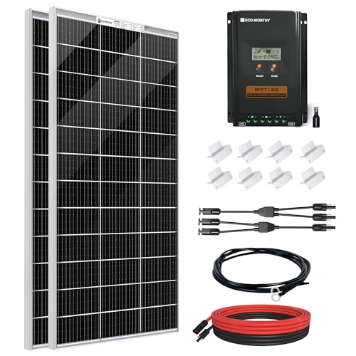 ECO-WORTHY 400W Solarpanel Kit:2 * 195W 12V Bifacial Solarpanel + 40A MPPT Solarladeregler + 5m Solarkabel + Z-Befestigungsklammern für Wohnmobil,Wohnwagen,Haushalt und Off-Grid-System