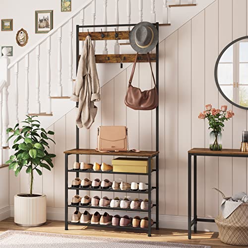 HOOBRO-Hall-Tree-Coat-Rack-with-Shoe-Rack-Hall-Tree-with-Bench-5-Tier-Shoe-Storage-Organizer-with-9-Hooks-for-Entryway-Closet-Sturdy-Industrial-Rustic-Brown-and-Black-BF80MT01G2