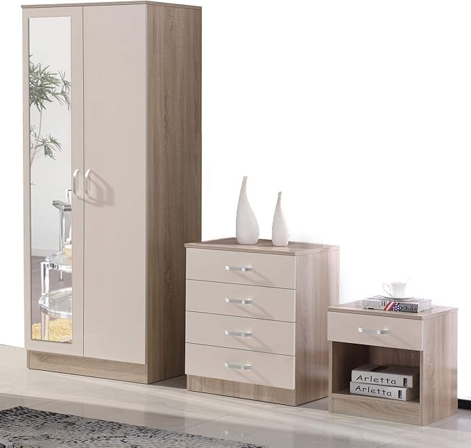 AFN High Gloss Mirrored 3 Piece Bedroom Furniture Set - Includes Wardrobe, 4 Drawer Chest, Bedside Cabinet (CREAM ON OAK)