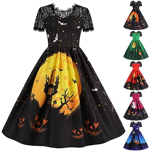 uxxnjfg Vestido de Halloween mulher princesa bruxa manga curta vestido festa cocktail renda disfarce decote em V carnaval Cocktail Swing Dress, 18#preto, XXL