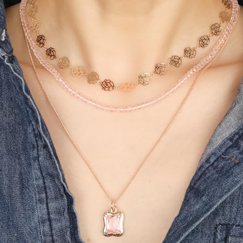 Multilayered Colorful Beaded Necklace for Women with Cute Pendant Bohemian Layered Natural Stone Choker Necklace Charm Stand Statement Necklace Adjustable Boho Party Summer Beach Holiday Jewelry Gift4