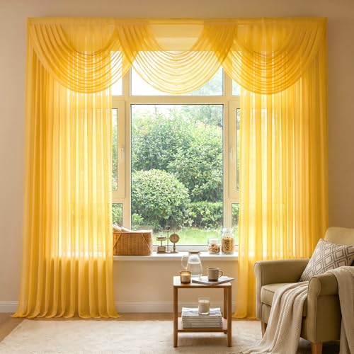 Image of Wedding Arch Draping Fabric, 2 Panels 30 inch x 20Ft Yellow Sheer Curtain Drapes Extra Wide & Long Backdrop Curtains for Bridal Shower Backdrop Outdoor Party Arches Church Ceremony Decoration