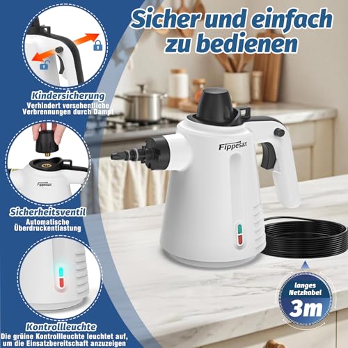 Dampfreiniger Handgerät, 1050 W, 3,5 bar Handdampfreiniger mit 9 Zubehörteilen Chemiefreier Dampfreiniger für den Hausgebrauch auf Böden, Teppichen, Fenstern, Möbeln und in Küchen