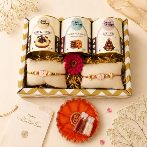 Image of Nutri Couture Healthy Rakhi Gift Box | Chocolate Rocks, Cranberry Oat Cookies, Dates Laddu, 2 Designer Rakhis, Tilak Plate, Roli & Chawal | Rakhi Design May Vary