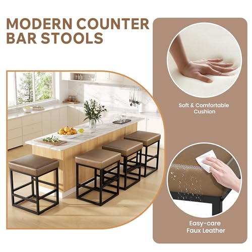 Image of Bar Stools Set of 3, 24in Counter Height Barstools, Faux Leather Counter Stools with Thick Square Seats & Sturdy Metal Base, Modern Bar Chairs for Kitchen Island (Coffee)