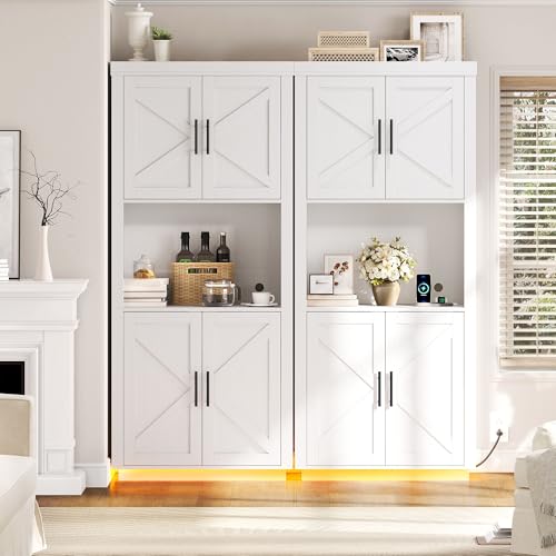 DWVO Kitchen Pantry Cabinet, Modern 71" Tall Kitchen Pantry Hutch Storage Cabinets with Lights & Charging Station & Microwave Stand for Living & Dining Room or Hallway, White