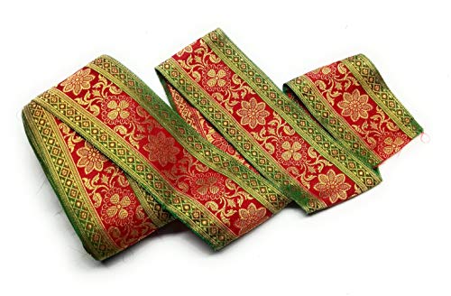 Image of Banarasi Brocade Silk Lace Border 9 Meter x 3.5 Inch Width, Golden Woven Zari Floral Jacquard Decorative Trim Ribbon for Saree Blouse Lehenga Dupatta Dress Kurti Craft Sewing Home Decoration (Green x Red, 9 meter)