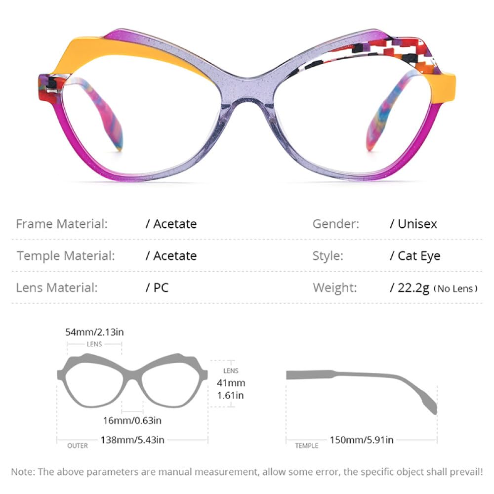 MUTYNE Mehrfarbige Acetat-Brillengestelle für Damen, Cat-Eye-Brillen, trendige Brillen