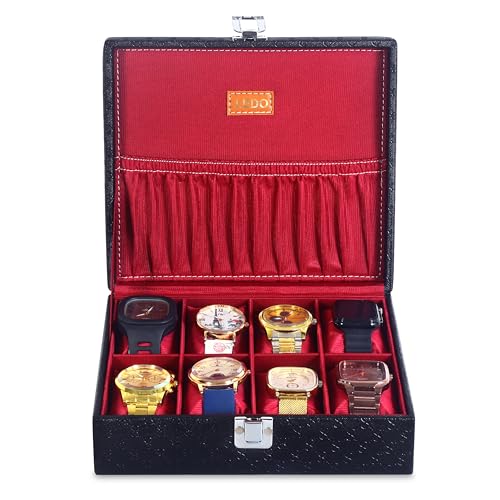 Image of LEDO Men's and Women's Watch Box Holder Organizer Case In 8 Slots of watches In Black Color with Cherry Velvet Pack of 2