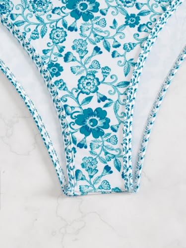 Image of Fanuerg Women's Triangle Bikini Sets O Ring Linked Two Piece Swimsuits Floral Printed Cheeky Bathing Suit
